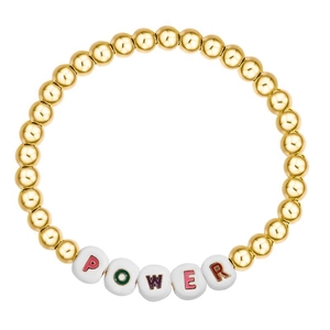 Detailed shot of gold beaded bracelet with colorful POWER letter beads on white background