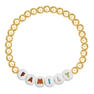 Detail of beaded elastic bracelet with gold metal spheres and colorful FAMILY letter beads