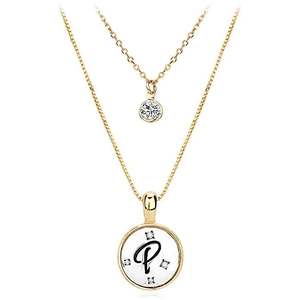 Detail of double-layer gold necklace featuring letter P pendant and a round zircon stone