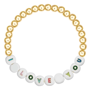 Detail of beaded bracelet with gold beads and white letters spelling I LOVE YOU