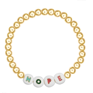 Macro shot of HOPE beaded bracelet with gold round beads and colorful alphabet charms