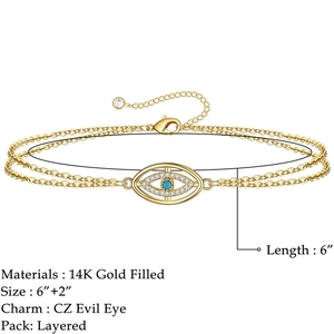 Pulsera de doble capa de oro de 14K con ojo turco, turquesa y circonitas CZ