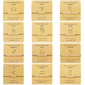 Χειροποίητο Βραχιόλι Zodiac Morse Code για Ζευγάρια Χάλκινες Χάντρες Ρυθμιζόμενο Μαύρο Πλεχτό Κορδόνι Βραχιόλι Κοσμήματα Δώρο Γενεθλίων