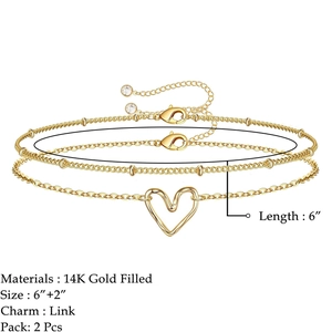 Set of two 14K gold filled heart pendant and beaded satellite chain bracelets