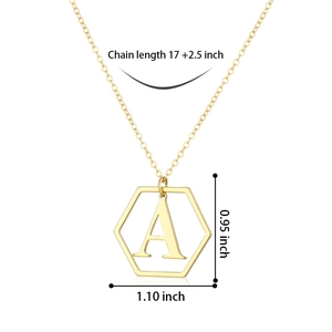 Gold-tone hexagonal pendant necklace with letter A engraving and adjustable cable chain