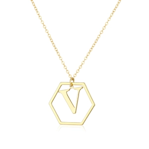 Macro detail of golden hexagonal pendant with letter V on a classic O-chain necklace