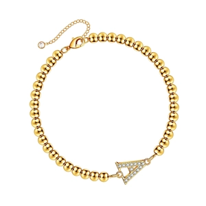 Women Gold Plated Alloy Beaded Bracelet With Rhinestone Initial Letter Pendant Adjustable Chain Fashion Jewelry Gift