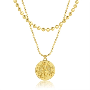 Collana a doppio strato con perline dorate e ciondolo a forma di angelo e stella