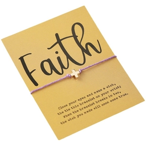 Bracciale dei desideri minimalista in corda viola con croce dorata e carta Faith