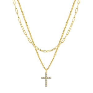 Fashionable golden double layer necklace set with paperclip chain and zircon cross pendant