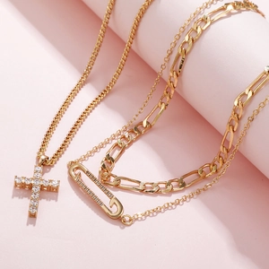 Three-piece gold-plated layered necklace set with paperclip link and zircon cross pendant