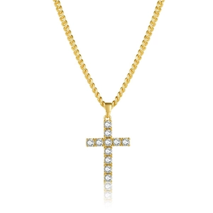 Close-up of gold cross pendant with white zircon stones on a classic rope chain necklace