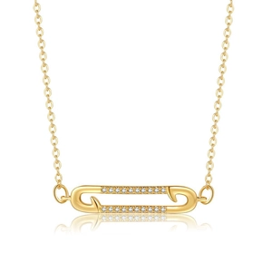 Macro shot of gold paperclip pendant necklace featuring double rows of white crystals