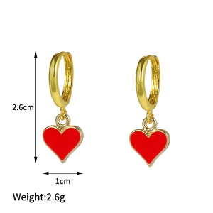 Golden hoop earrings with red heart pendant showing size 2.6cm by 1cm and weight 2.6g