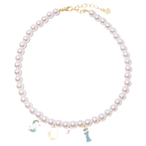 Elegant pearl necklace with gold clasp and four enamel colorful letter charms