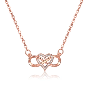 Roségouden infinity hart ketting met zirkonia stenen op een witte achtergrond