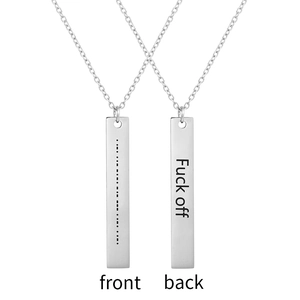 Detail view of Morse code stainless steel pendant showing front and back engraving