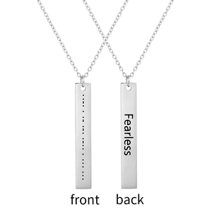 Vertical silver bar necklace showing front Morse code and back Fearless engraving