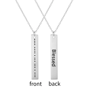 Morse code necklace with dual-sided bar pendant showing front engraving and back Blessed text
