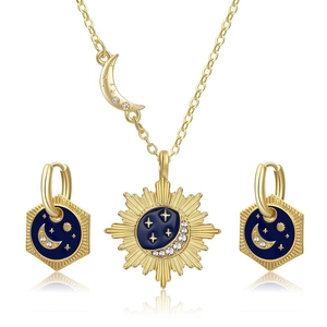Bohemian Celestial Jewelry Set Gold Plated Copper Enamel Sun Moon Star Pendant Necklace Hexagon Hoop Earrings Set For Women