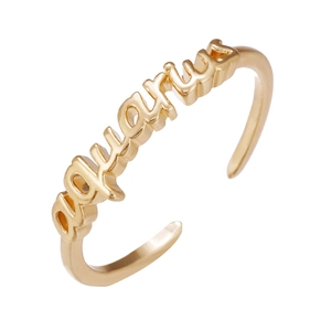 Detail eines goldenen verstellbaren Rings mit Aquarius-Schriftzug und Politur