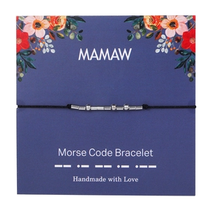 Morse code bracelet with silver beads on a floral gift card featuring Morse code symbols