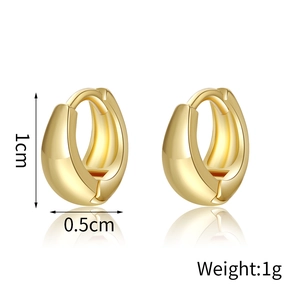Detailed macro view of 1cm gold plated drop hoop earrings with measurements and weight info