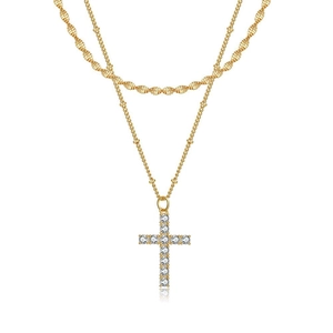 Collana a doppio strato dorata con catena a fune e ciondolo a croce in zirconi