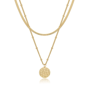 Collana a doppio strato dorata con catena a serpente piatta e pendente tondo martellato