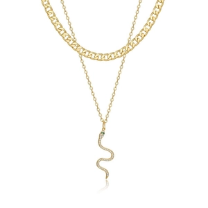 Collana a doppio strato dorata con pendente a serpente in zirconi e catena a maglia