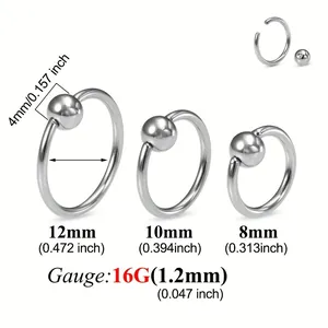 Size chart for stainless steel captive bead rings set in 8mm, 10mm, and 12mm diameters