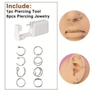 9-delige roestvrijstalen piercing set met 1 gereedschap en 8 diverse ringen