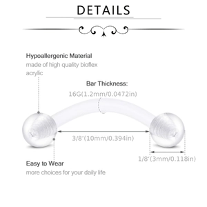 Detailed specs of 16G Bioflex acrylic curved barbell with 10mm length and 3mm ball