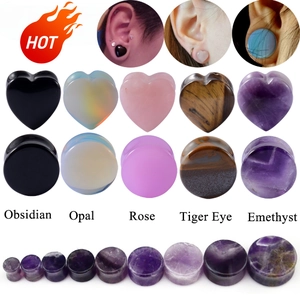 Natural Stone Heart Round Ear Plugs Gauges Double Flared Body Piercing Rose Quartz Amethyst Black Agate Opalite Stretching