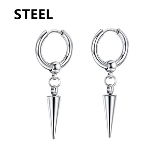 Minimalist punk stainless steel hoop earrings with hanging silver spike pendants