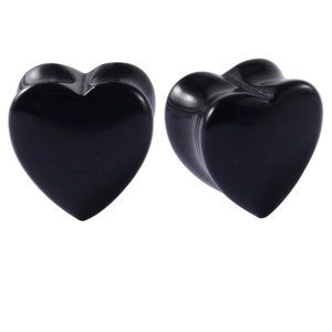 Polished black heart-shaped ear plugs with smooth saddle design for stretched ears
