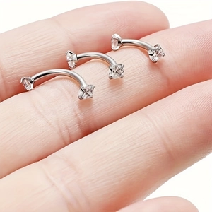 Set of 3 stainless steel curved barbell eyebrow rings with 4-claw zircon stones