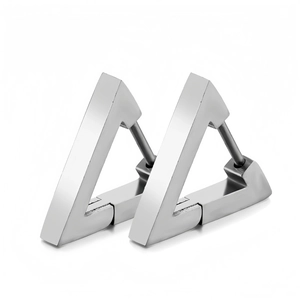 Detailed side view of triangular stainless steel hoop earrings with polished silver finish