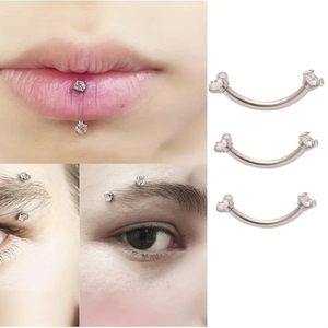 Three-piece stainless steel curved barbell set with square zircon for eyebrow and lip piercing
