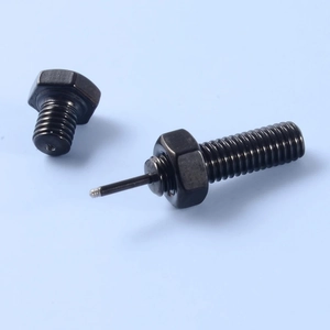 Detailed close-up of matte black industrial screw stud earrings showing thread and bolt assembly