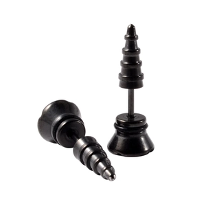 Detailed macro view of black stainless steel punk screw cone stud earrings with metallic finish