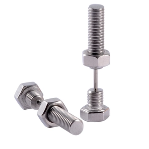 Macro shot of silver stainless steel industrial screw and nut stud earrings for punk style