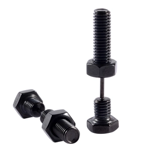Detailed close-up of black punk rock stainless steel screw and nut stud earrings