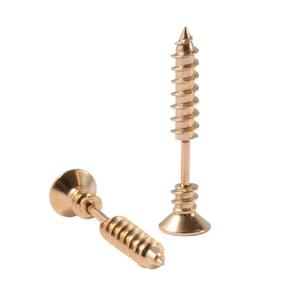 Detailed view of industrial gold screw stud earrings in polished stainless steel for punk style