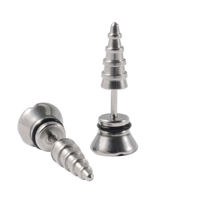 Close-up of stainless steel screw stud earrings with punk industrial design and black O-ring
