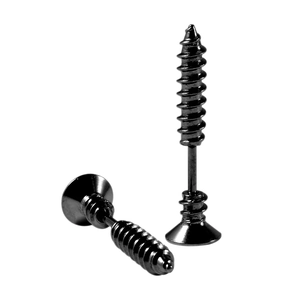 Detailed macro view of black industrial screw-shaped stud earrings in punk rock style