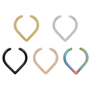 Polished stainless steel heart and V-shaped clip-on faux nose rings in five metallic colors