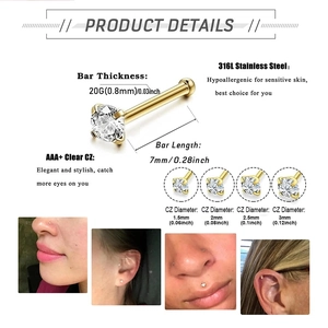 Set de 4 piercings de nariz en acero inoxidable dorado 20G con circonitas blancas AAA+