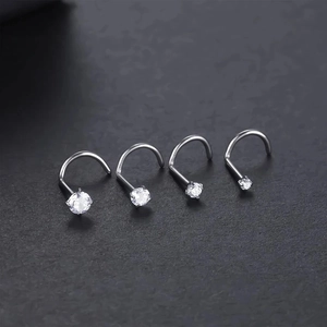 Set de 4 piercings de nariz con circonita blanca y postes de acero quirúrgico 20G en forma de L