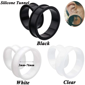 Silicone ear tunnels in black white and clear colors with a 3mm to 76mm size range detail